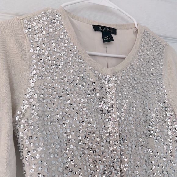 White & Black Dressy Cardigan Silver Sequin 3/4 Sleeve Sweater - Picture 4 of 8